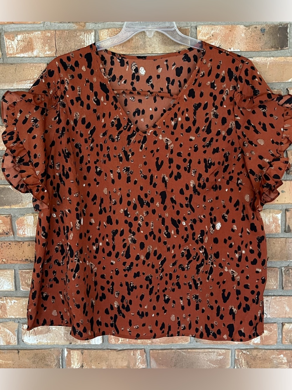 SHEIN Curve 2XL Rust Leopard Print Blouse V Neck Ruffle Flutter Sleeve Top